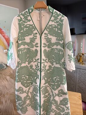 Green & White Embroidered Tunic Dress